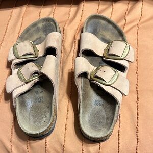 Birkenstock Sandals with Tan Suede and Gold Buckles